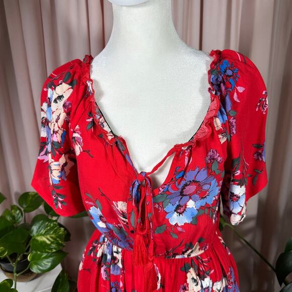 Band of Gypsies Floral Boho Maxi Dress XS Red Viscose Peasant Puff Sleeve Lace - Picture 3 of 12